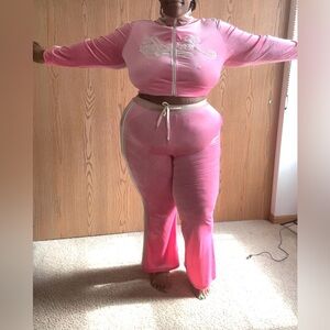 Pink Velour Tracksuit with White Accents